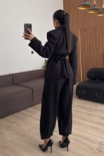 Drapeli Beli Bağlamalı Şalvar Takım Siyah - Görsel 4