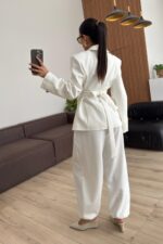 Drapeli Beli Bağlamalı Şalvar Takım Ekru - Görsel 4