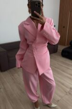 Drapeli Beli Bağlamalı Şalvar Takım Pembe - Görsel 2