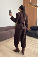 Drapeli Beli Bağlamalı Şalvar Takım Kahverengi - Görsel 4