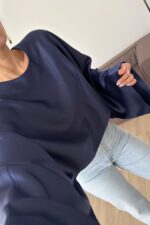 Yarasa Kol Saten Bluz Lacivert - Görsel 2