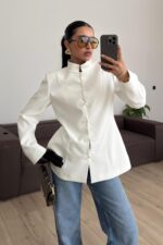 Vatkalı Mandarin Ceket Beyaz