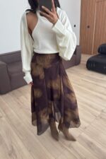 Desenli Büzgülü Şifon Etek Kahverengi - Görsel 2