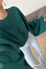 Yarasa Kol Saten Bluz Zümrüt - Görsel 2