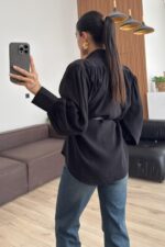 Vatkalı Kemerli Balon Kol Gömlek Siyah - Görsel 4