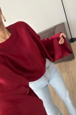 Yarasa Kol Saten Bluz Bordo - Görsel 2
