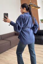 Vatkalı Kemerli Balon Kol Gömlek Mavi - Görsel 3