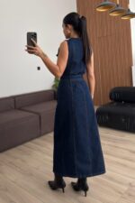 Kemerli Gold Düğmeli Denim Elbise Lacivert - Görsel 3