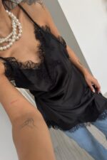 Kırışmayan Saten Dantel Elbise Siyah - Görsel 3