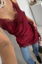 Kırışmayan Saten Dantel Elbise Bordo - Görsel 2