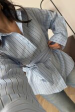 Çizgili Kuşaklı Poplin Gömlek Mavi - Görsel 3