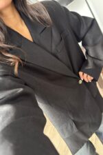 Önü Yırtmaçlı Keten Blazer Ceket Siyah - Görsel 2