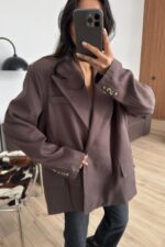 Önü Yırtmaçlı Keten Blazer Ceket Kahverengi - Görsel 2