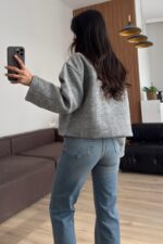 Kısa Safari Cepli Kaşe Kaban Gri - Görsel 4