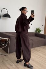 Paçası Lastikli Pantolon Gömlek Takım Kahverengi - Görsel 4