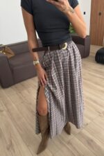 Kemerli Yırtmaçlı Ekose Etek Gri - Görsel 2