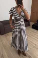 V Yaka Çizgili Poplin Elbise Kahverengi