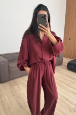 Tensel Gömlek Pantolon Takım Bordo