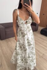 Önü Yırtmaçlı Gül Desenli Elbise Yeşil - Görsel 2