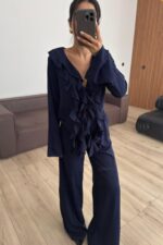 Önü Fırfırlı Kolları Volanlı Pantolon Takım Lacivert - Görsel 2