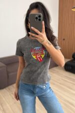 Rolling Stones Baskılı Antrasit Eskitme Tişört - Görsel 2
