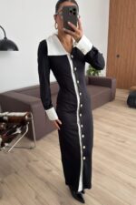 Polo Yaka İnci Düğmeli Siyah Elbise - Görsel 2