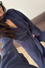 Kolları Volanlı V Yaka Pantolon Takım Lacivert - Görsel 3