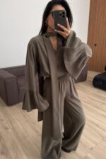 Kolları Volanlı V Yaka Pantolon Takım Haki - Görsel 2