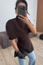 İkili Polerolu Straplez Bluz Kahverengi - Görsel 2