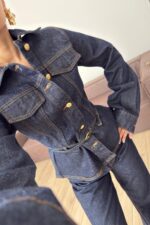 Gold Düğmeli Beli Bağlamalı Denim Ceket Lacivert - Görsel 2