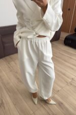 Drapeli Beli Bağlamalı Şalvar Takım Ekru - Görsel 3