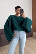 Yarasa Kol Saten Bluz Zümrüt