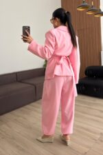 Drapeli Beli Bağlamalı Şalvar Takım Pembe - Görsel 4