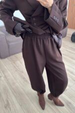 Drapeli Beli Bağlamalı Şalvar Takım Kahverengi - Görsel 3