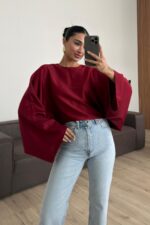 Yarasa Kol Saten Bluz Bordo