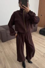 Beli Ayarlanabilir Hırka Şalvar Pantolon Takım Kahverengi - Görsel 2