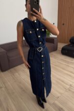 Kemerli Gold Düğmeli Denim Elbise Lacivert - Görsel 2