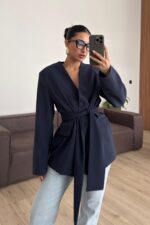 Kuşaklı V Yaka Ceket Lacivert