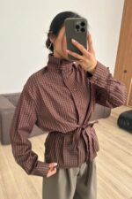 Belden Bağlamalı Dik Yaka Ekose Gömlek Kahverengi - Görsel 2