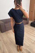 Beli Kemerli İnce Kot Elbise Lacivert - Görsel 2