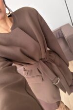 Kemerli Yakasız Blazer Ceket Kahverengi - Görsel 3