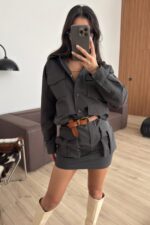 Çıtçıtlı Safari Cepli Gömlek Etek Takım Antrasit - Görsel 2