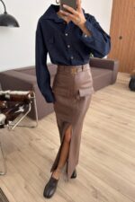 Beli Kemerli Önü Yırtmaçlı Deri Etek Taba - Görsel 2