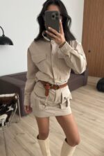 Çıtçıtlı Safari Cepli Gömlek Etek Takım Taş - Görsel 2