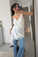 Kırışmayan Saten Dantel Elbise Ekru - Görsel 2