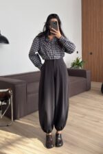 Paçası Lastikli Şalvar Pantolon Koyu Kahve