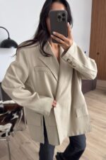 Önü Yırtmaçlı Keten Blazer Ceket Taş - Görsel 2