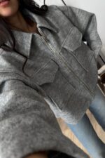 Kısa Safari Cepli Kaşe Kaban Gri - Görsel 3