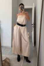 Paçası Lastikli Saten Şalvar Pantolon Taş