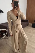 Kruvaze Yaka Bağlamalı Crep Pantolon Takım Taş - Görsel 2